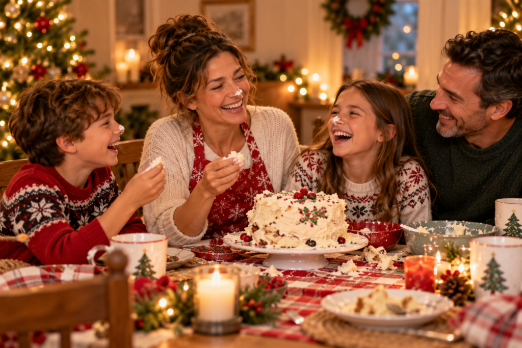 Family laughing together around a slightly messy holiday table with a lopsided homemade cake.