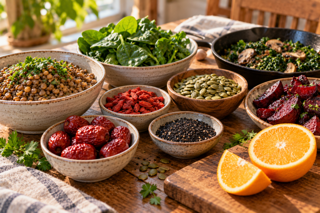 Table with lentils, spinach, pumpkin seeds, red dates, goji berries, black sesame seeds, beets, and a sliced orange.