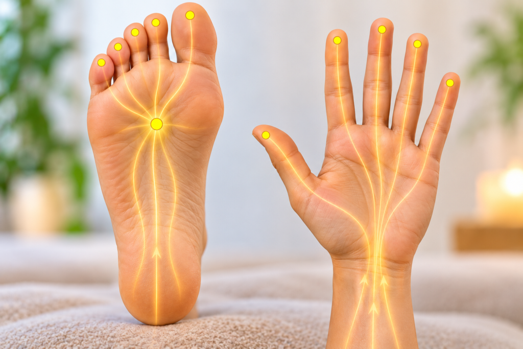 Illustration of a foot sole and an open palm with yellow dots on the sole behind the ball of the foot and at the tips of the fingers and toes.
