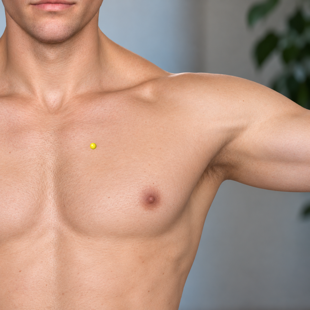 Close-up of the upper chest over a fitted shirt, with yellow dots marking KI25 on both sides of the breastbone.