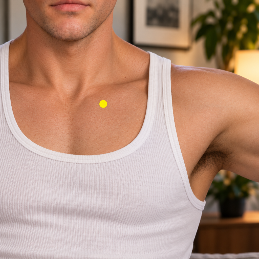 lose-up of a man wearing a white ribbed A-shirt undershirt, with a yellow dot marking the KI27 acupressure point just below the collarbone.