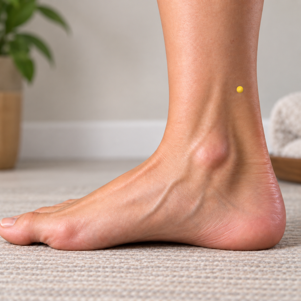 Close-up of the inner ankle, with a yellow dot marking KI7 along the front edge of the Achilles tendon.