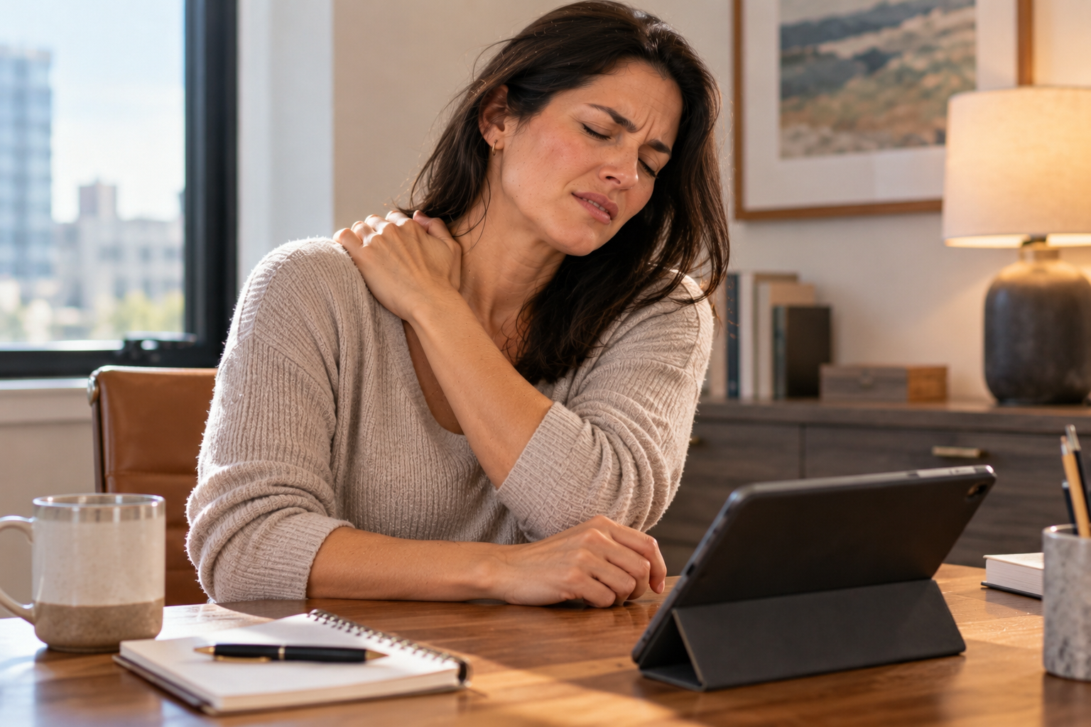 Person at a desk digging fingers into the top of the opposite shoulder, wincing.