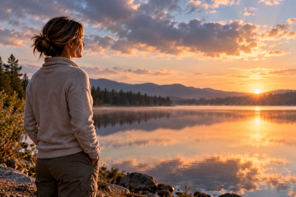 Person standing at the edge of a calm lake at dawn, watching clouds drift, hands relaxed.