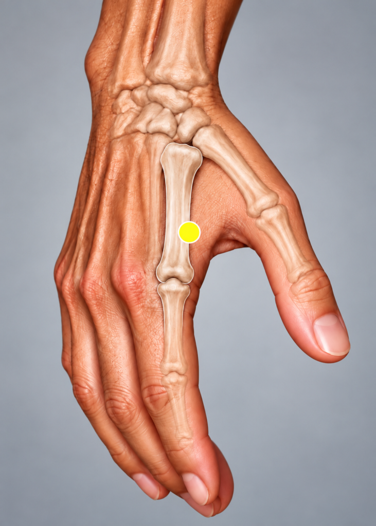 Close-up of a loose fist from the thumb side, with a yellow dot marking LI3 just behind the index finger knuckle.