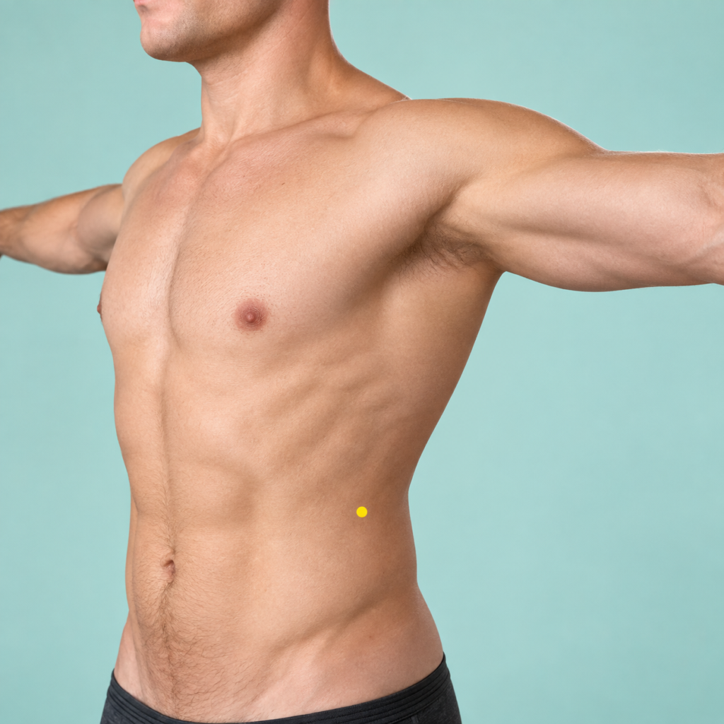 Close-up of the side of the abdomen over a fitted shirt, with a yellow dot marking LR13 below the lowest ribs.