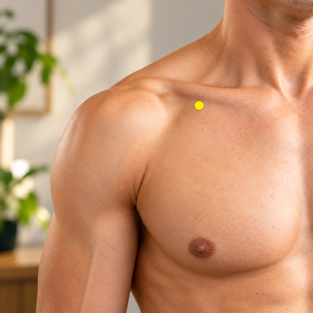 Close-up of the upper chest and shoulder, with a yellow dot marking LU2 in the hollow below the outer collarbone.