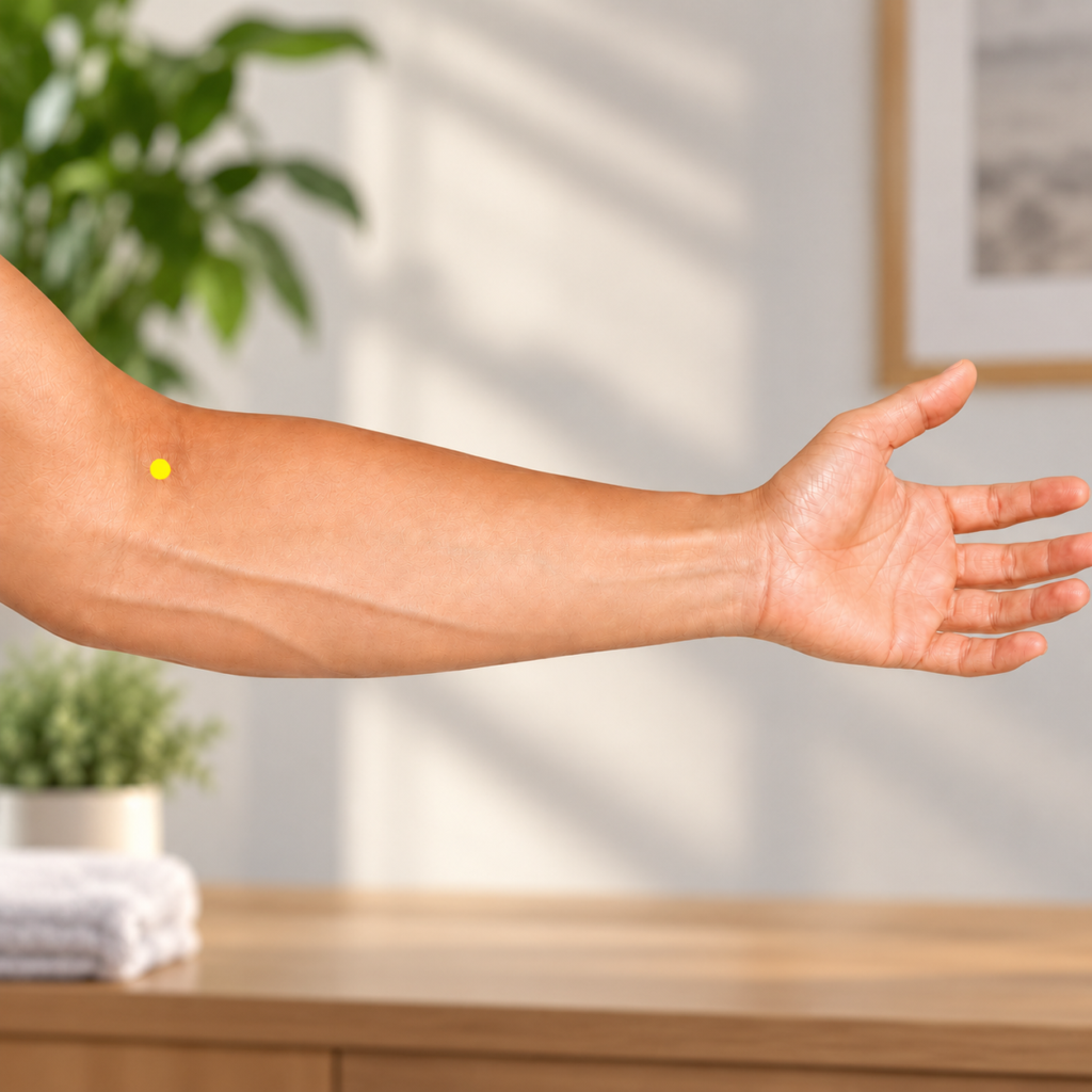 Close-up of the inner elbow, with a yellow dot marking LU5 on the crease on the thumb side of the biceps tendon.