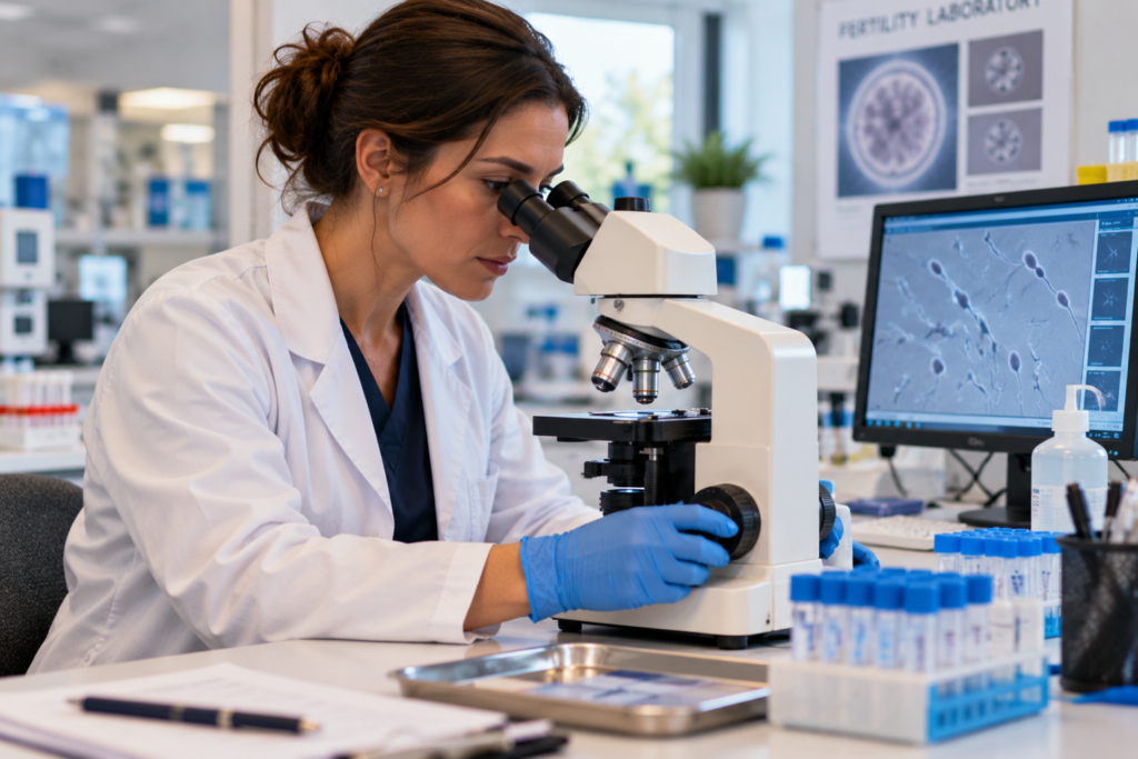 Laboratory technician looking through a microscope in a clean, modern fertility lab.