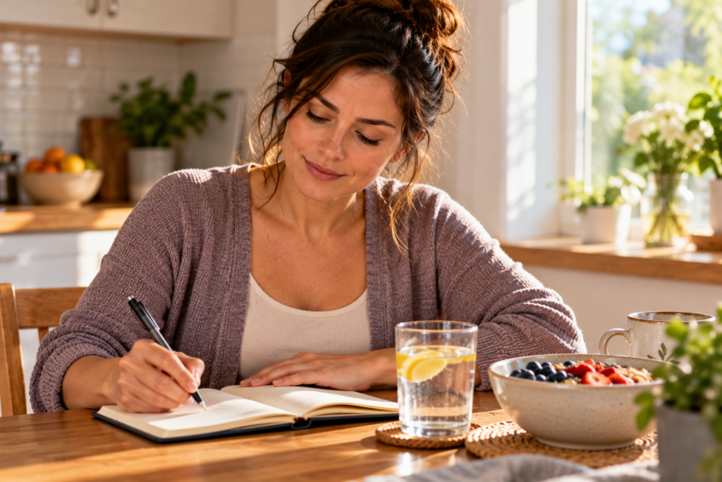Woman writing in a journal at a sunny kitchen table beside water and a balanced breakfast, calm.