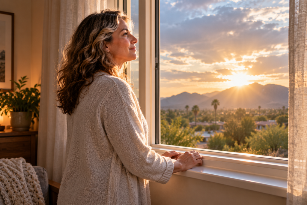 Person standing at an open window as morning sunlight breaks through clouds, face turned toward the light.