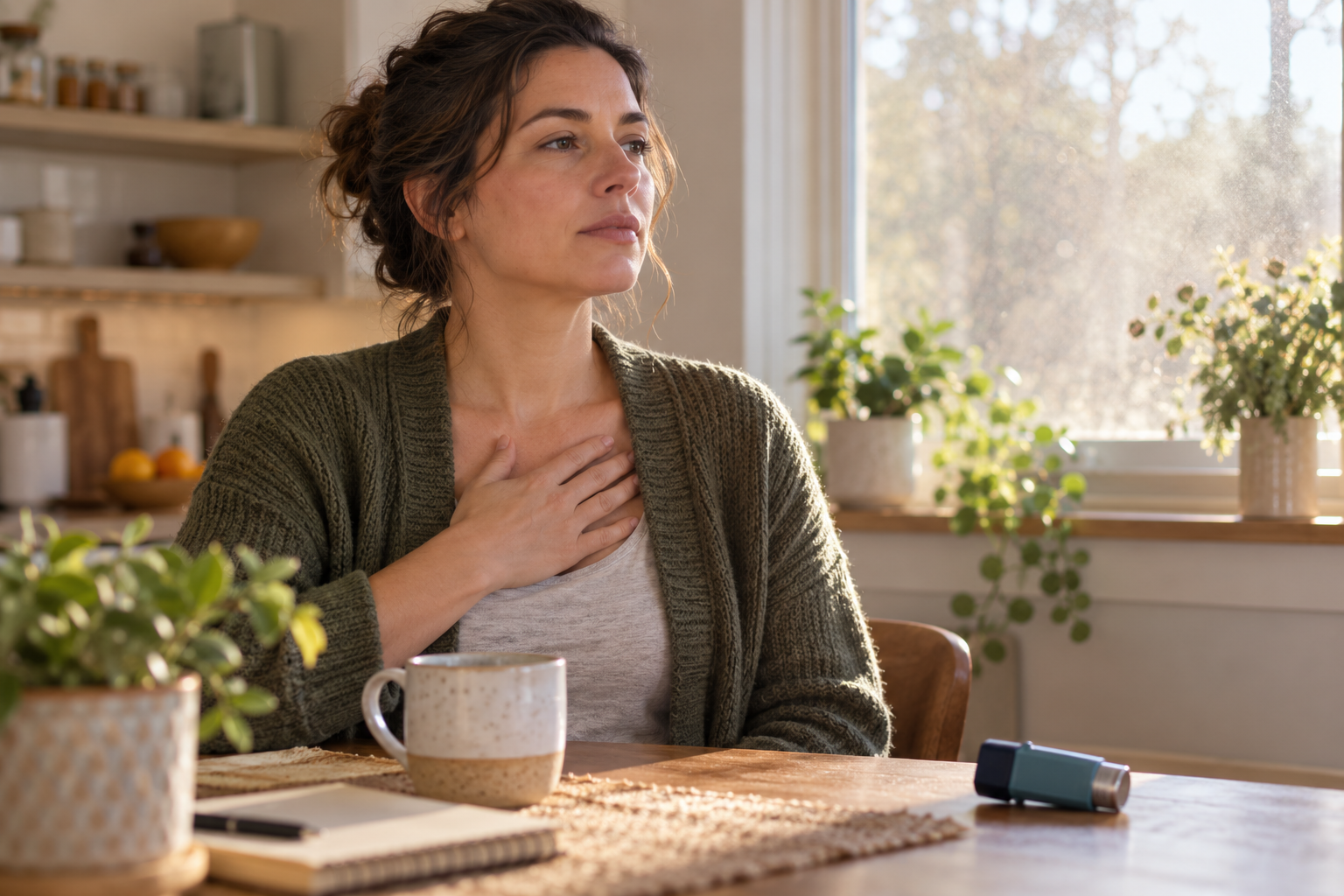 Person at a kitchen table with a hand on the chest, breathing carefully, a rescue inhaler nearby.