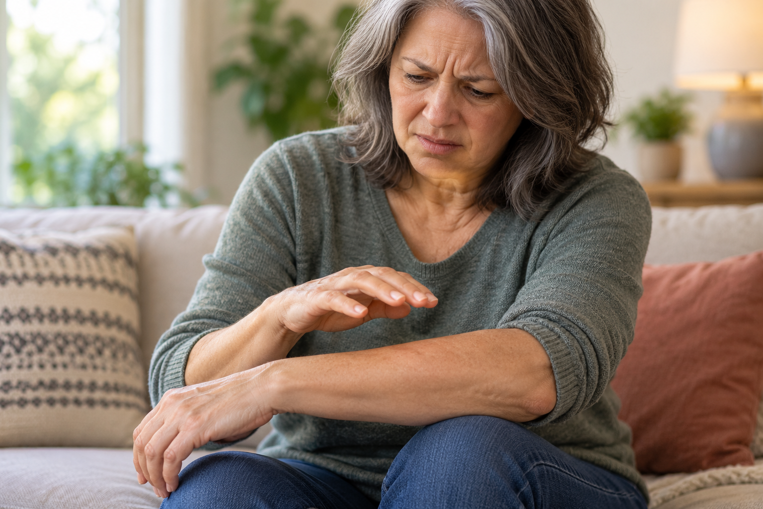 Person on a couch with a hand hovering above the opposite forearm without touching it, looking pained.