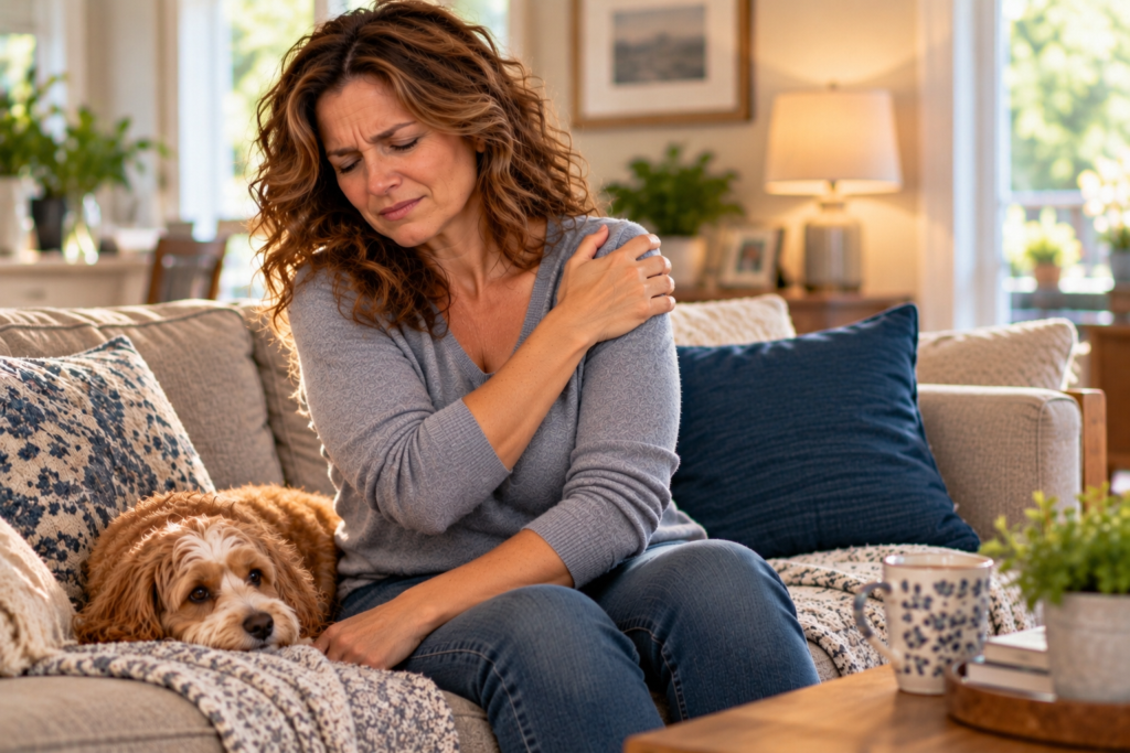 Woman sitting on a couch holding her painful shoulder while her puppy rests beside her.