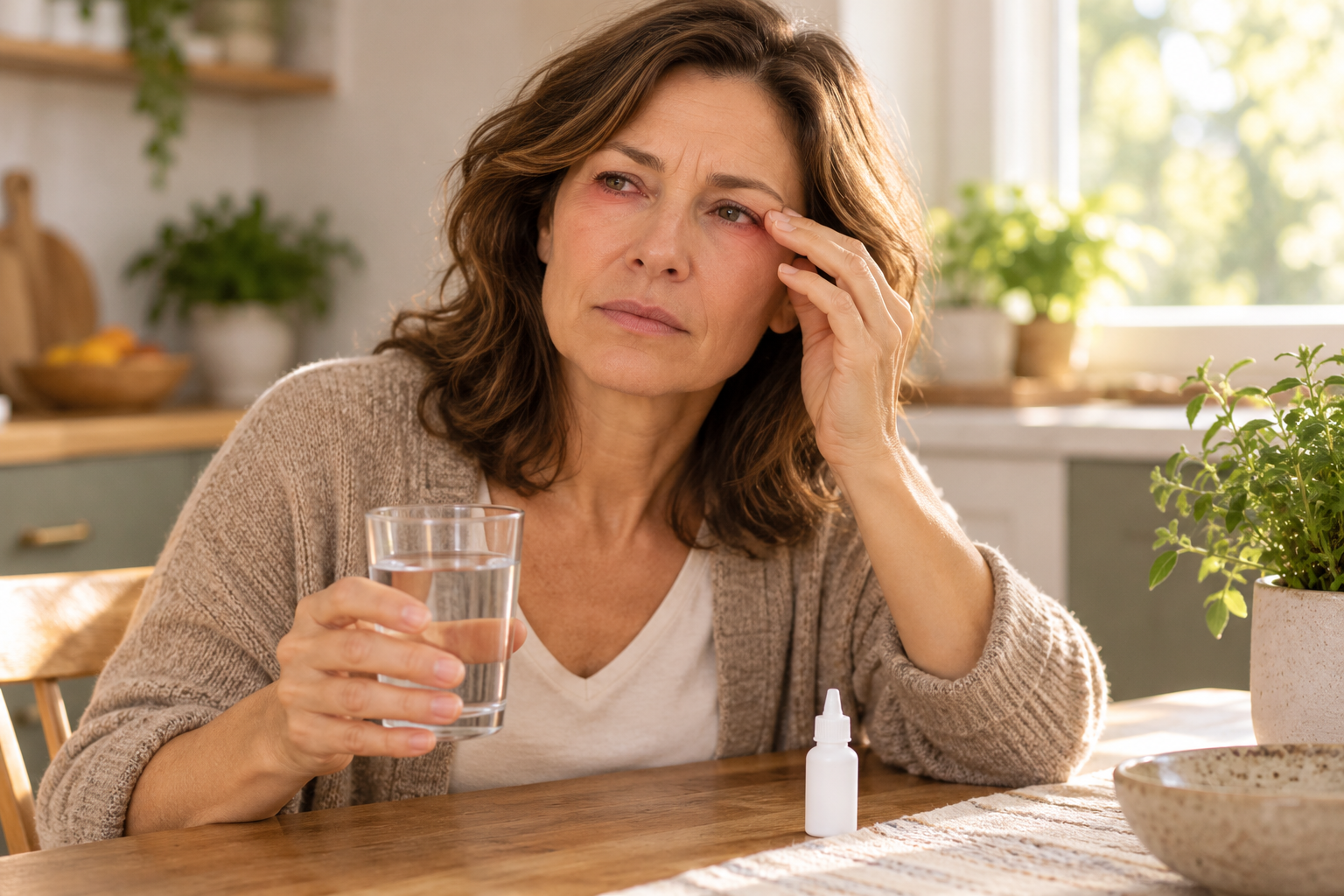 Woman at a kitchen table holding a glass of water, eyes irritated, eye drops beside her, looking tired.
