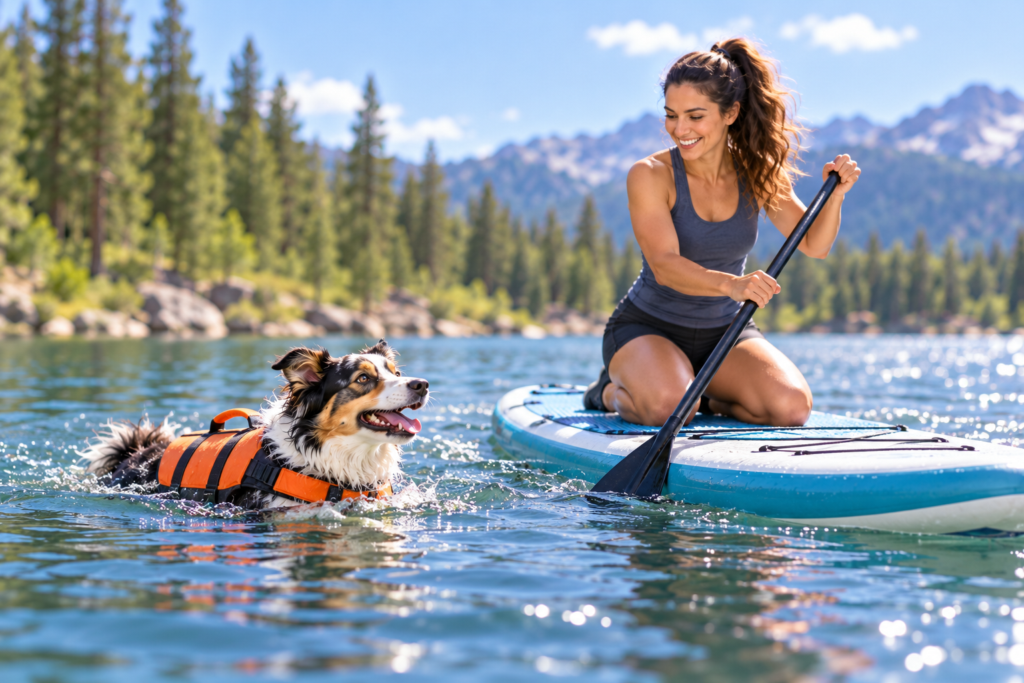 Dog in a life jacket swimming beside a person on a paddleboard on a calm lake.