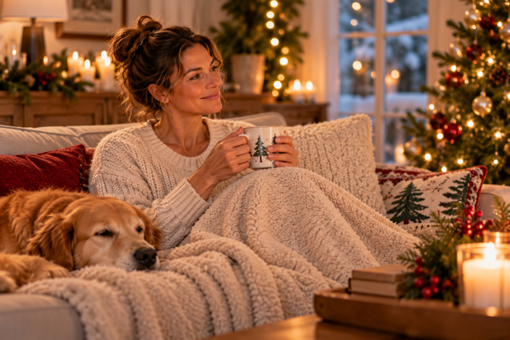 Woman relaxing on a cozy couch with her dog, enjoying a quiet moment beside the Christmas tree.
