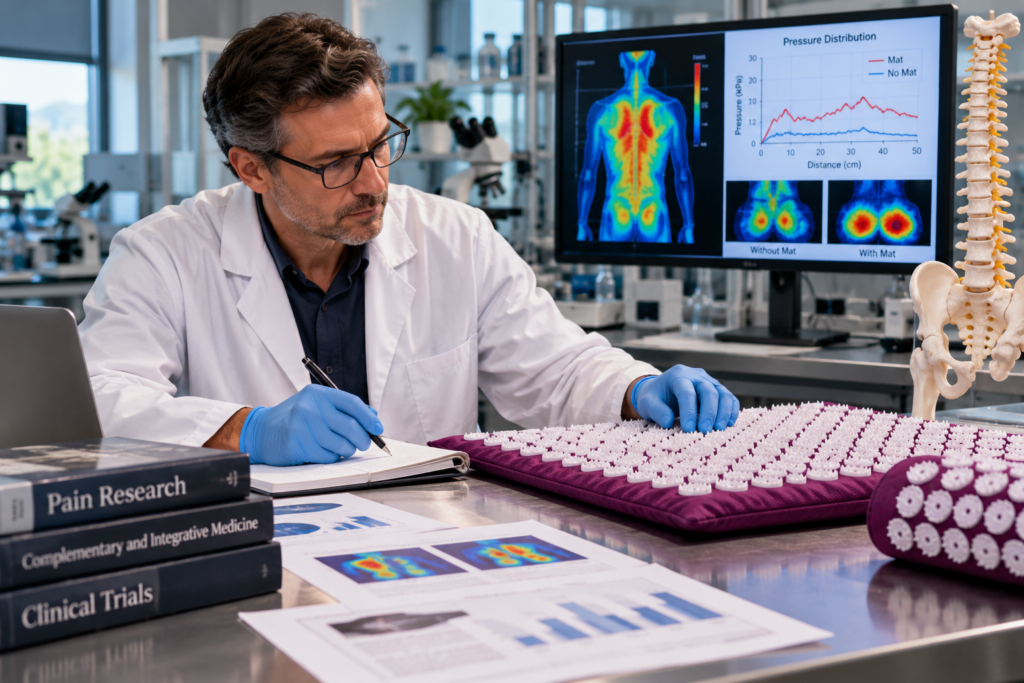 Male researcher wearing a white lab coat and blue gloves examining a purple acupressure mat in a laboratory, with pressure-distribution charts displayed on a monitor.