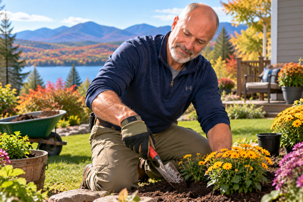 Man in his late 50s using a garden trowel in his right hand to plant yellow flowers in his New Hampshire backyard, overlooking a lake and colorful autumn mountains.