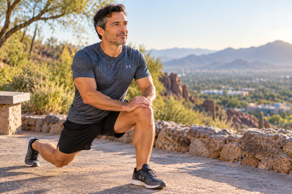 Man in his forties performing a forward lunge during a morning workout at a scenic mountain overlook.