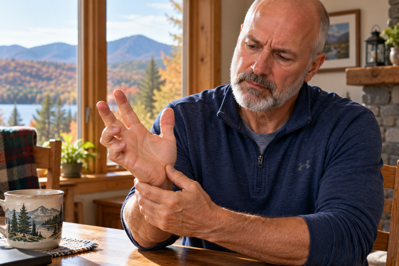 Man in his late 50s examining his hand with visibly curled ring and little fingers while sitting at a wooden table in a New Hampshire home overlooking a lake and autumn mountains.