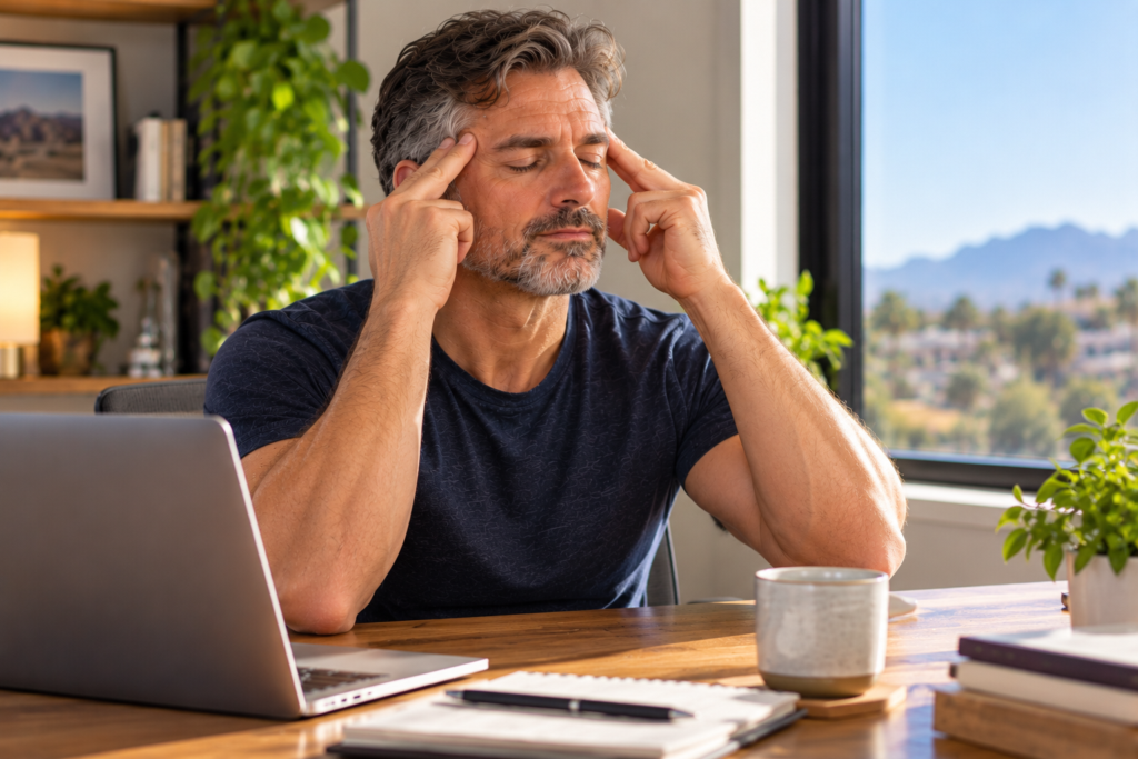 Man in his late 40s sitting at his desk with eyes closed, gently pressing both temples to relieve tension and stress during a work break.