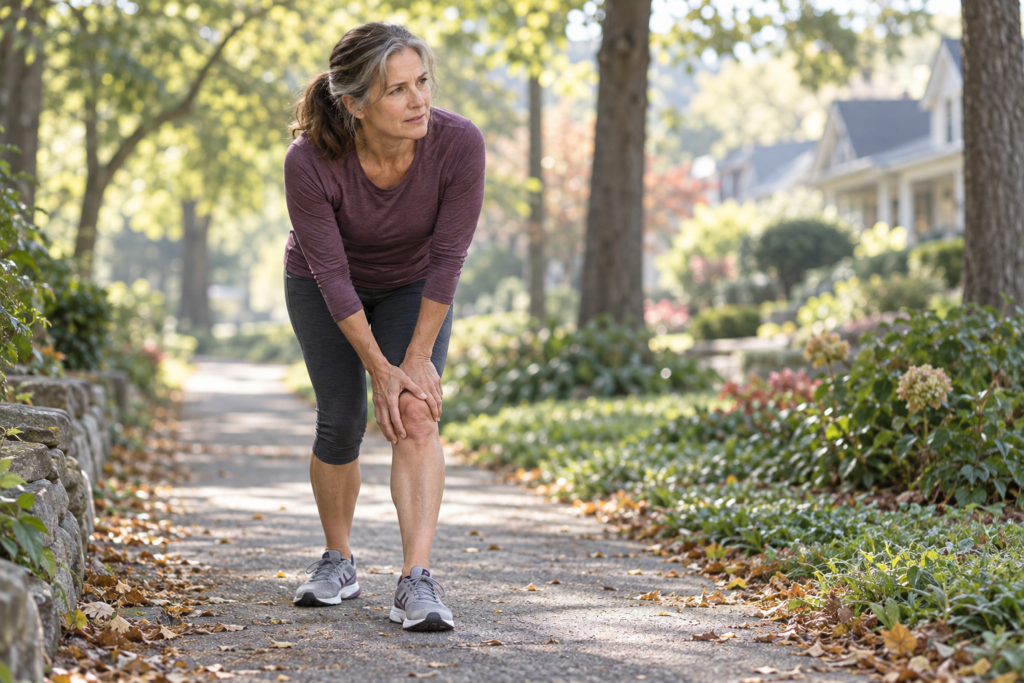 Woman in her 50s pausing after a jog to rub a slightly sore knee.