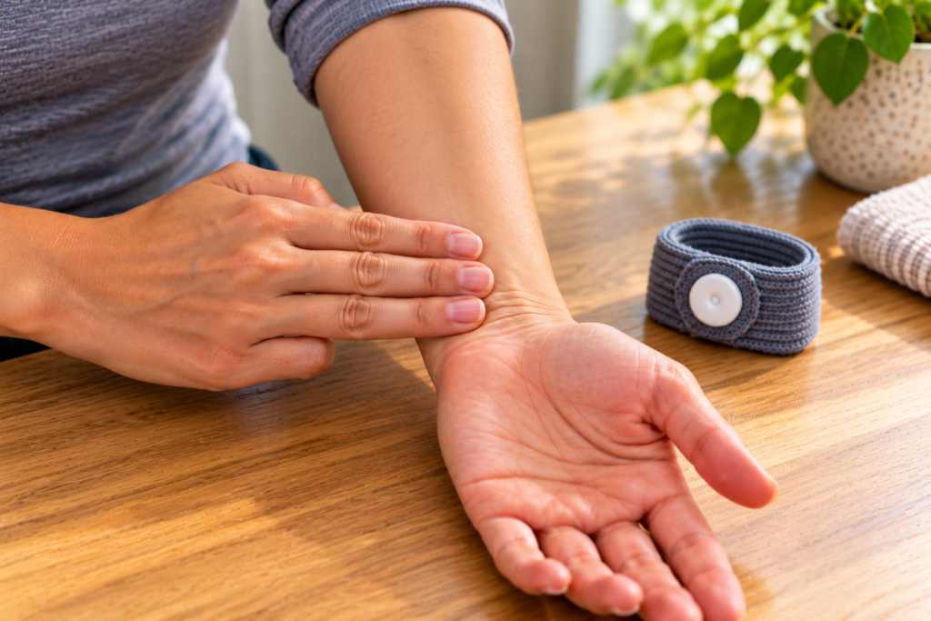 Close-up of three fingers placed across the inner wrist to measure the spot where an acupressure wristband stud should sit.