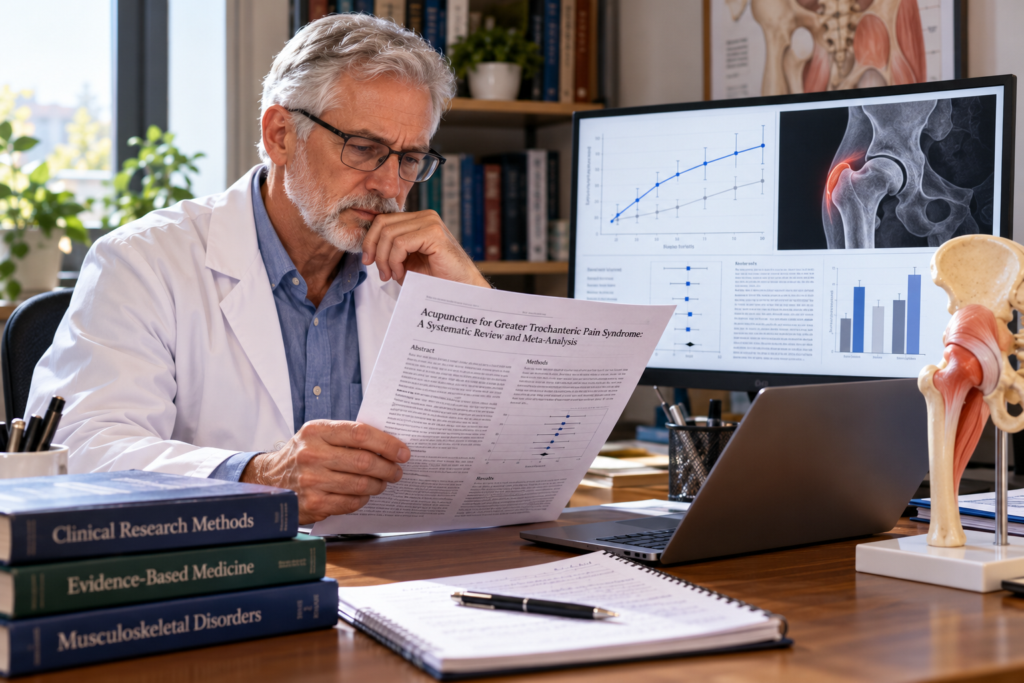 Older male medical researcher reviewing an acupuncture research paper at his desk, with clinical graphs, hip imaging, and an anatomical hip model nearby.