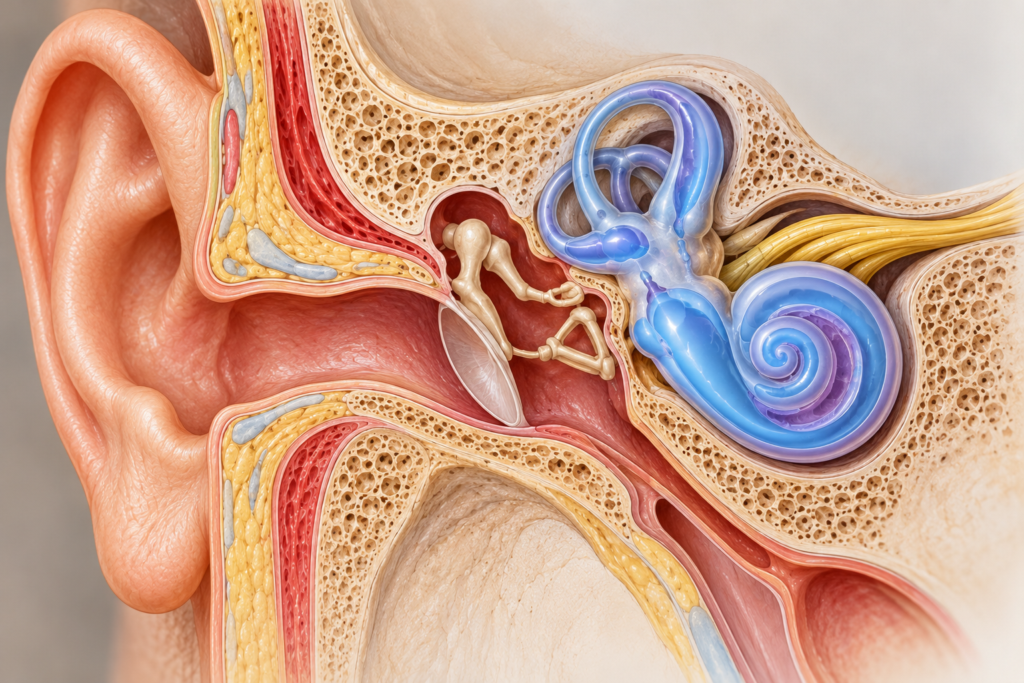 Anatomical illustration of the human ear showing the fluid-filled inner ear structures affected by Ménière’s disease.