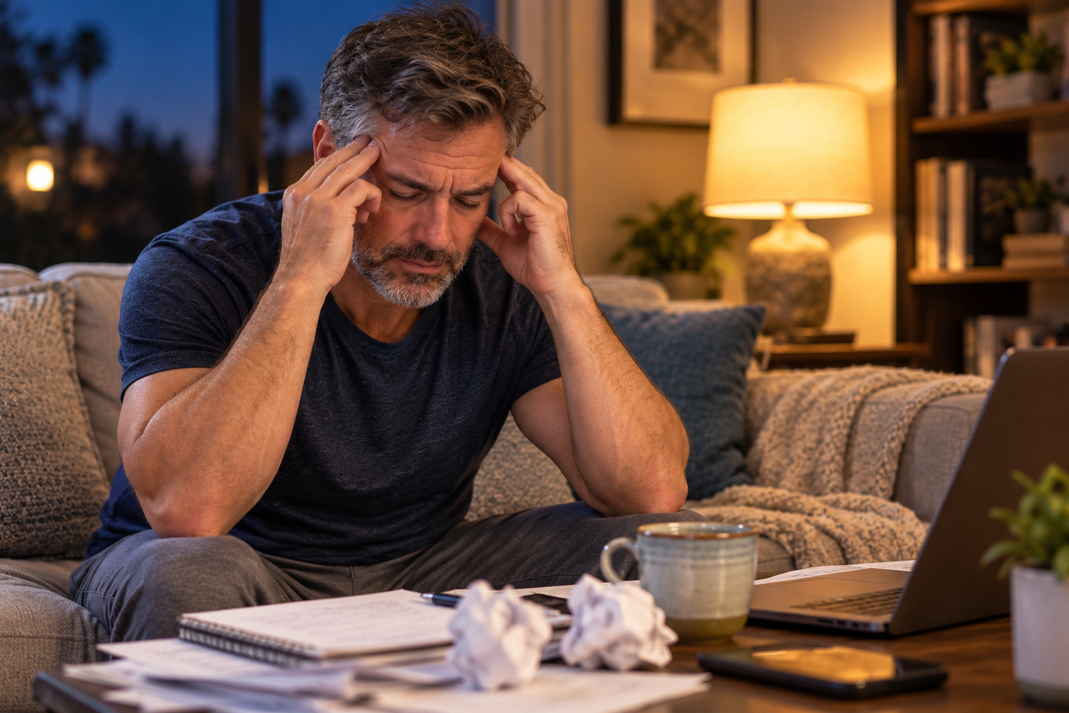 Man in his late 40s sitting hunched forward on his couch, pressing his temples with both hands while struggling with burnout and mental exhaustion.