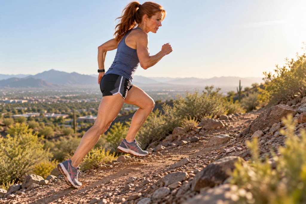 Middle-aged woman running up a steep hill on a trail, her calf and Achilles tendon visibly working as he pushes off.