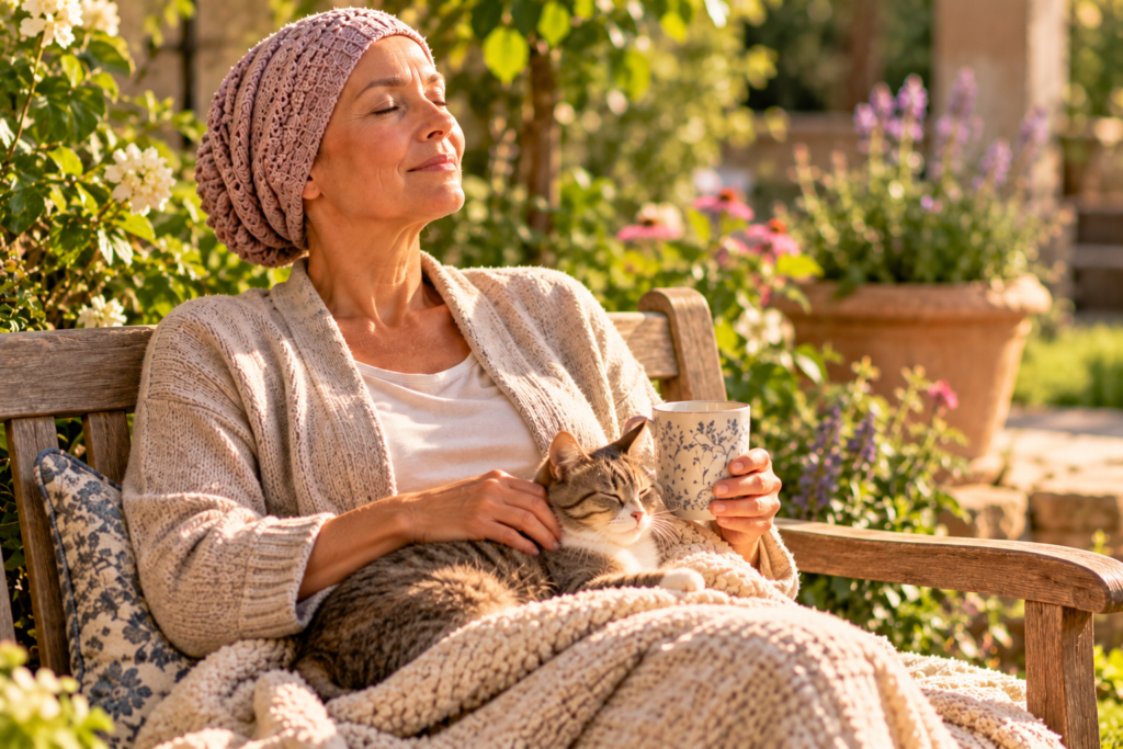Woman sitting on a sunny garden bench, relaxed, face turned toward the warm light.