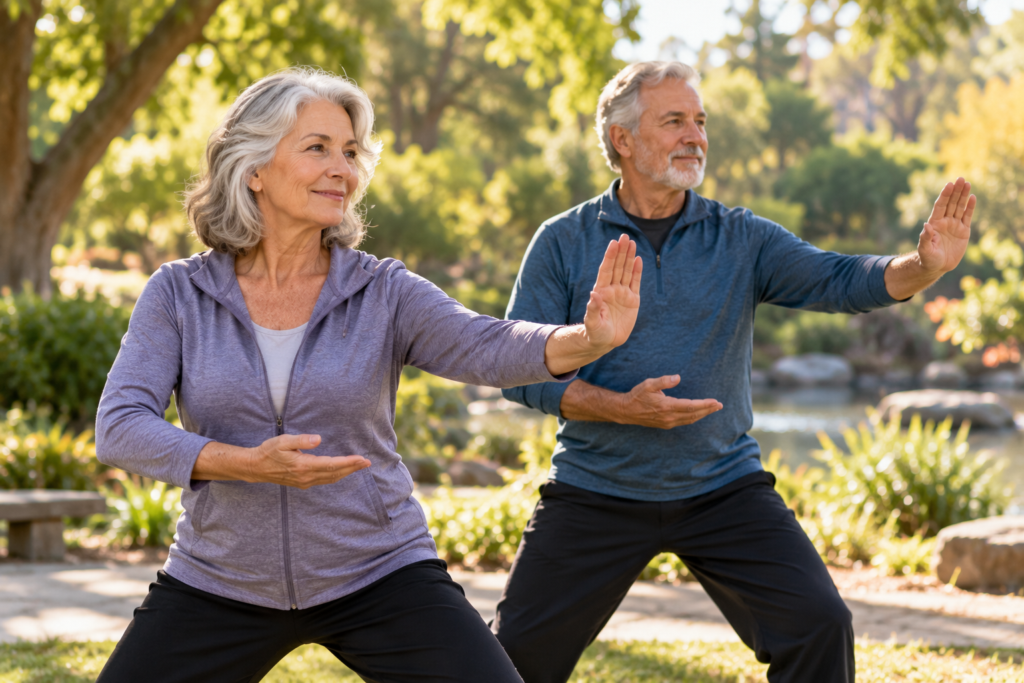 Older couple doing a gentle tai chi movement together in a sunny park.