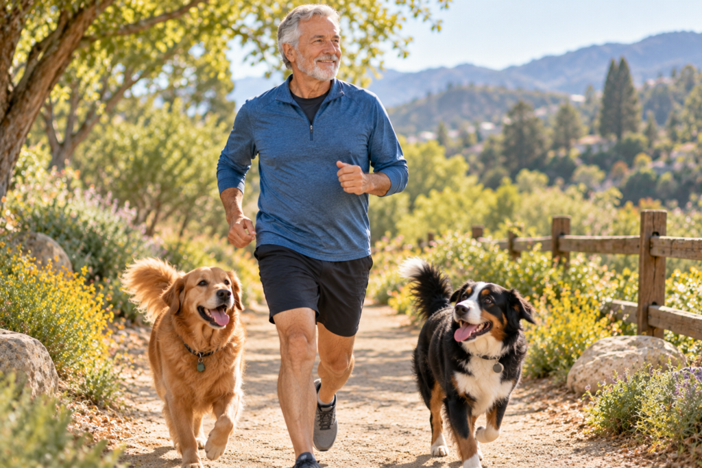 Older man jogging comfortably along a sunny trail with his two dogs.