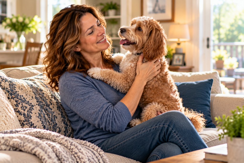 Woman comfortably holding and playing with her puppy on the couch after her rotator cuff pain has improved.