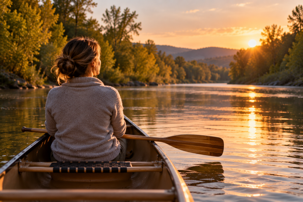 Person in a canoe drifting gently downstream on a calm river, paddle resting across their lap.