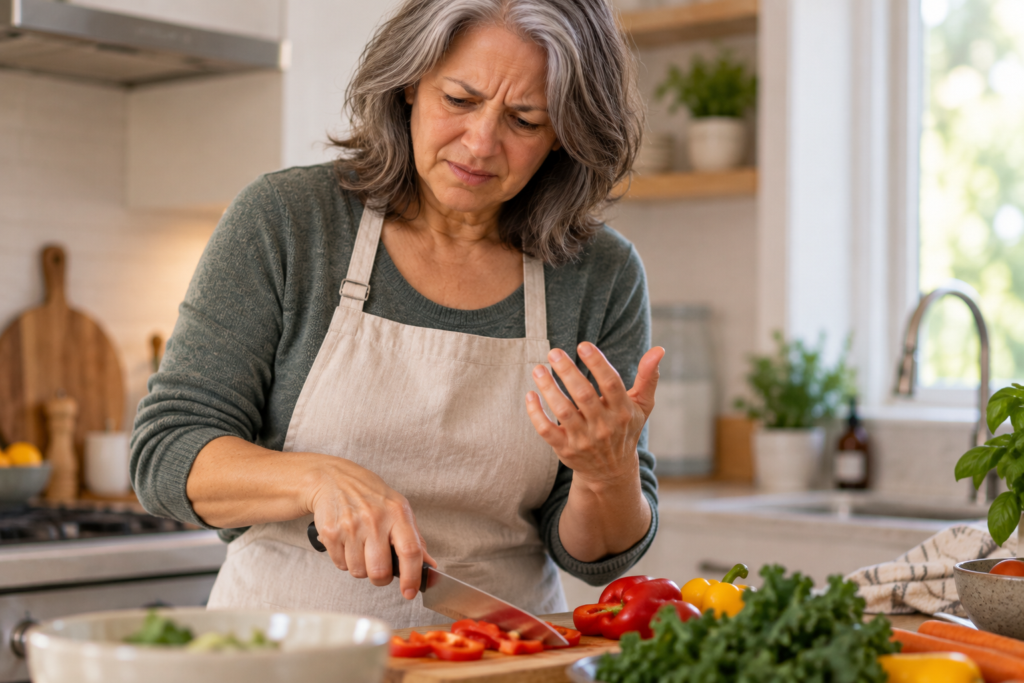 Woman trying to prepare a meal in her kitchen while pausing to look at her hand because of neuropathic pain.
