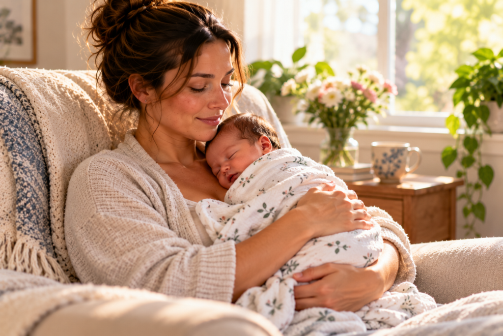 New parent holding a sleeping newborn close to their chest in soft morning light.