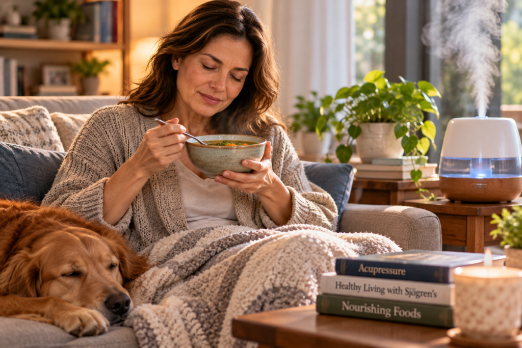 Woman relaxing with a bowl of soup beside a softly misting humidifier, comfortable and content.