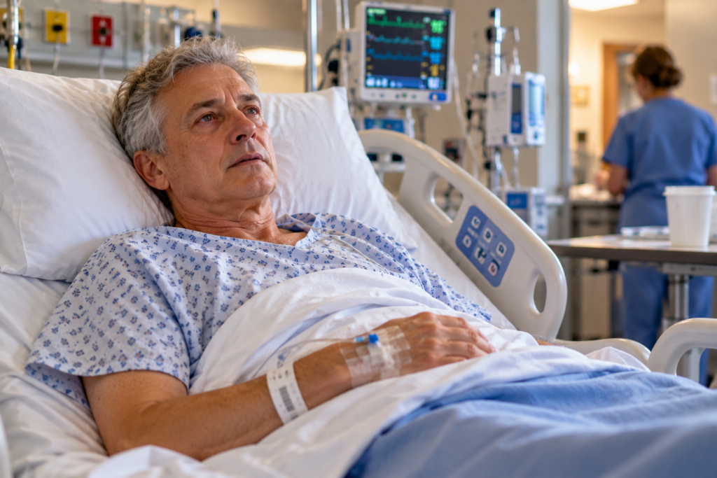 Man in his 60s with a full head of gray hair lying in a hospital recovery bed, appearing tired and disoriented as he awakens following emergency spinal surgery for cauda equina syndrome.
