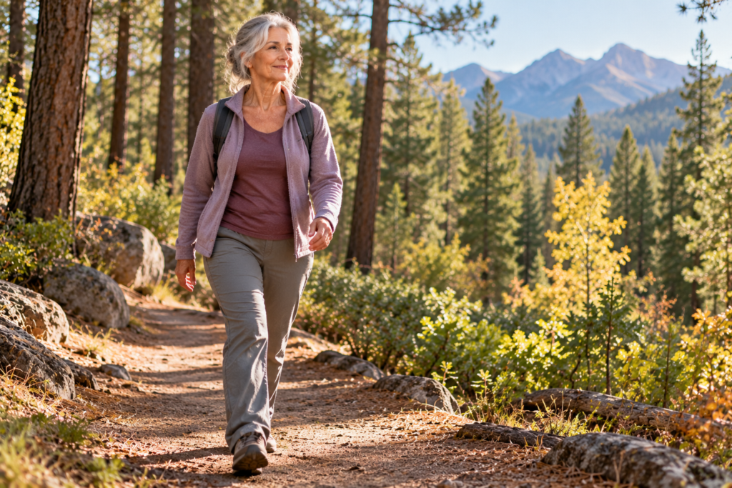 Woman in her late 60s walking comfortably along a sunlit forest trail in Flagstaff, Arizona, surrounded by tall pine trees and distant mountains.