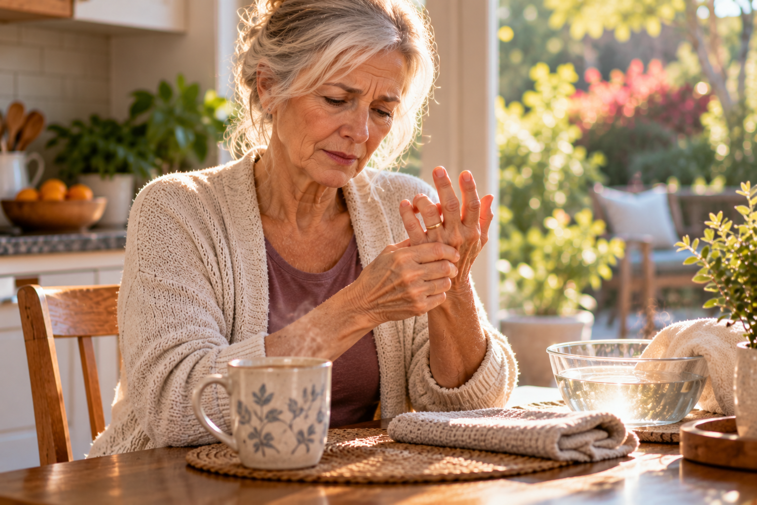 Woman in her late 60s sitting at her kitchen table, gently massaging her painful finger joints while experiencing rheumatoid arthritis stiffness in her hands.