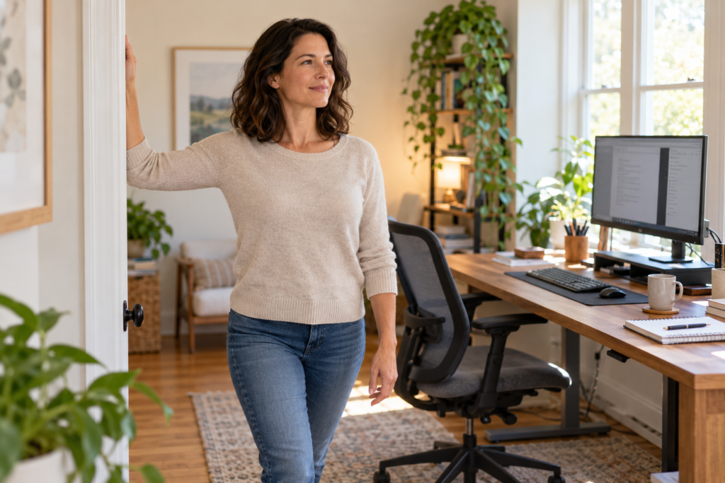 Person stretching gently in a doorway beside an ergonomic desk, shoulders relaxed back and down.