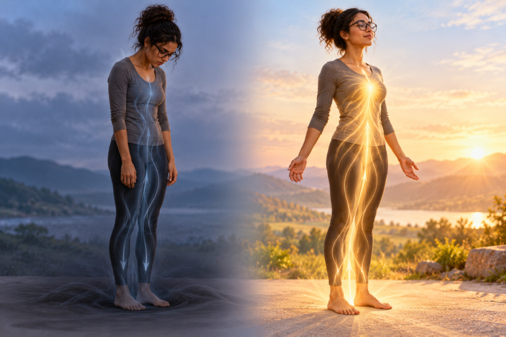 Before-and-after illustration of a young woman with glasses transitioning from sadness and emotional exhaustion to renewed confidence, with golden energy flowing upward through her body.