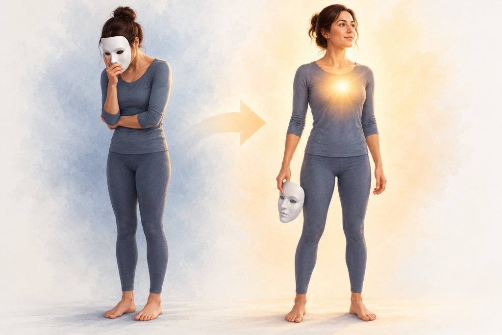 Before-and-after illustration of a woman hiding behind a white mask, then standing confidently with the mask lowered and warm golden light radiating from her chest.