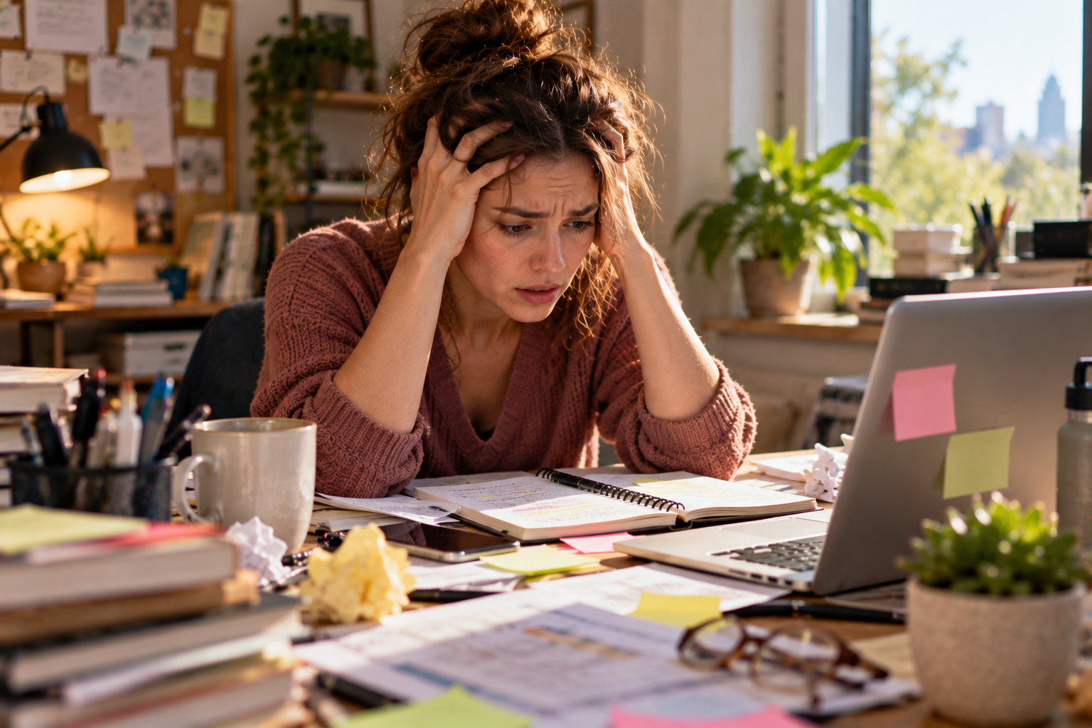 Young woman sitting at a cluttered desk, holding her head in both hands with an overwhelmed expression while looking at her laptop.
