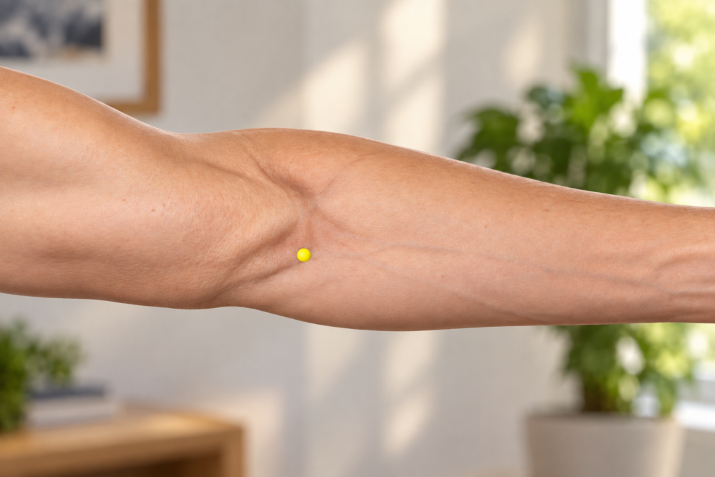 Close-up of the inner elbow, with a yellow dot marking PC3 on the crease beside the biceps tendon.