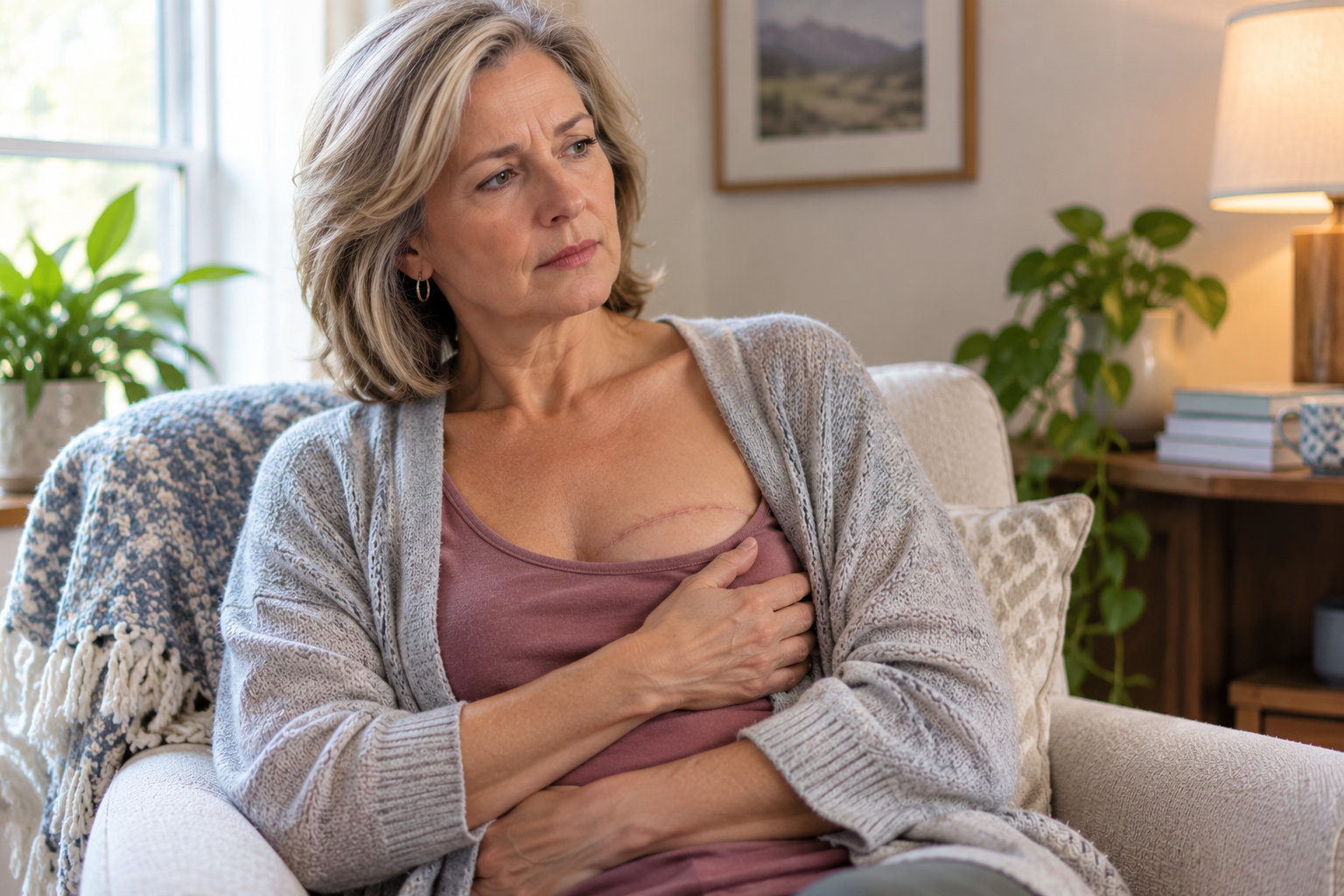 Woman in a loose cardigan in an armchair, a hand resting below her collarbone and her arm held close to her side.