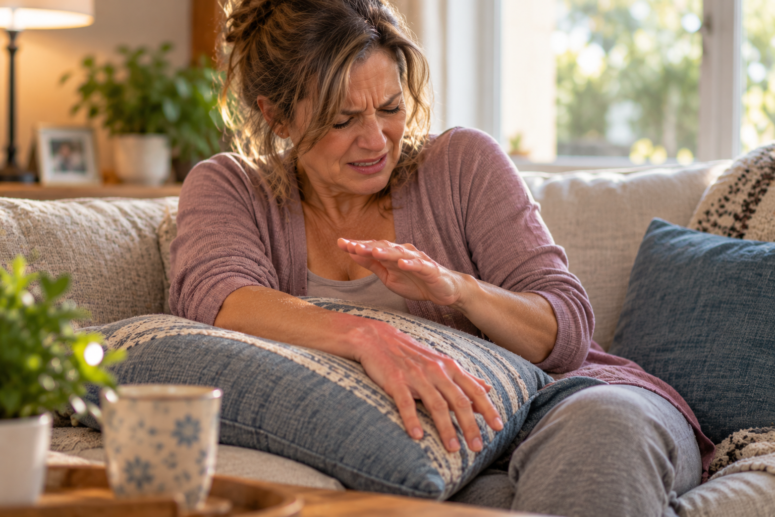 Person on a couch shielding a forearm resting on a pillow, the other hand hovering protectively above it.